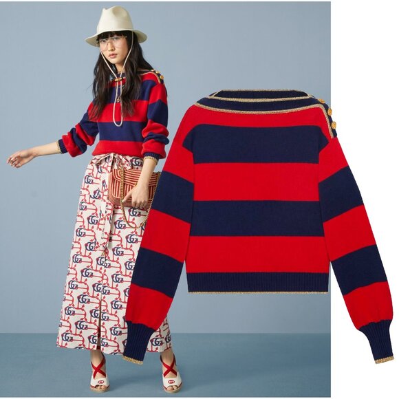 GUCCI SWEATER STRIPED COTTON RED & BLUE JUMPER w LOGO BUTTONS - Picture 1 of 15